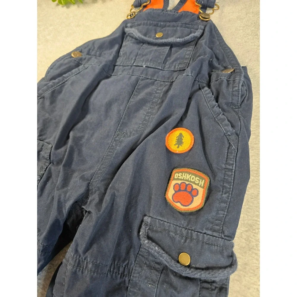 OshKosh Y2K Cargo Fleece Lined Overalls Baby 3-6m Blue Camp Outdoor Patched